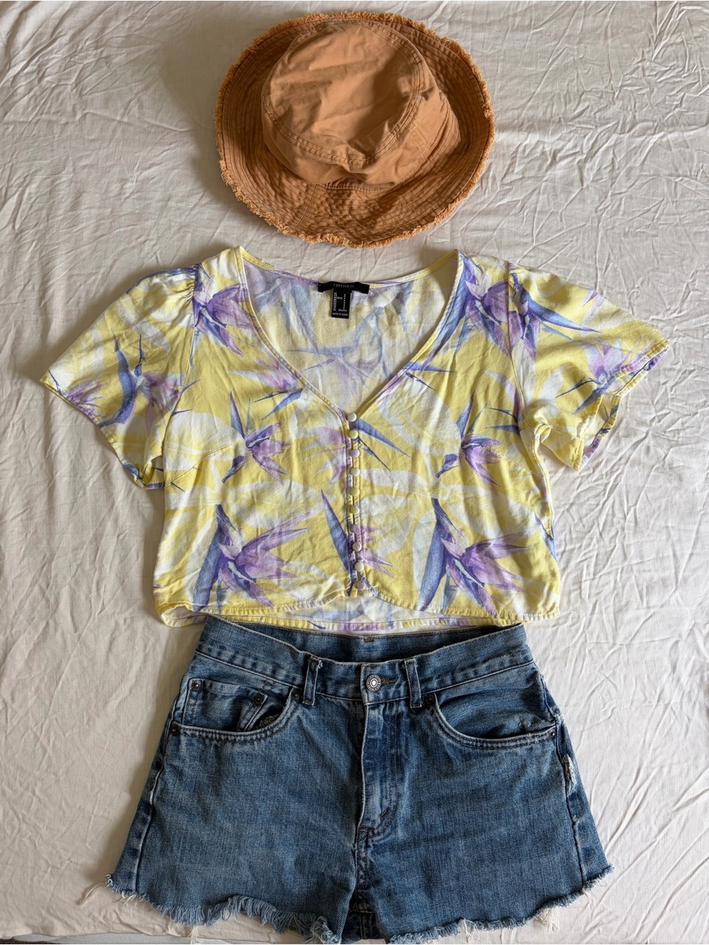 Forever 21 Yellow & Purple Floral V-Neck Crop Top